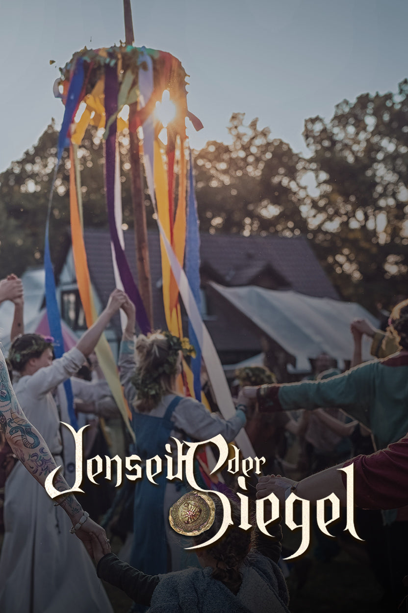 People holding colorful ribbons with 'Jenseits der Siegel' text overlay