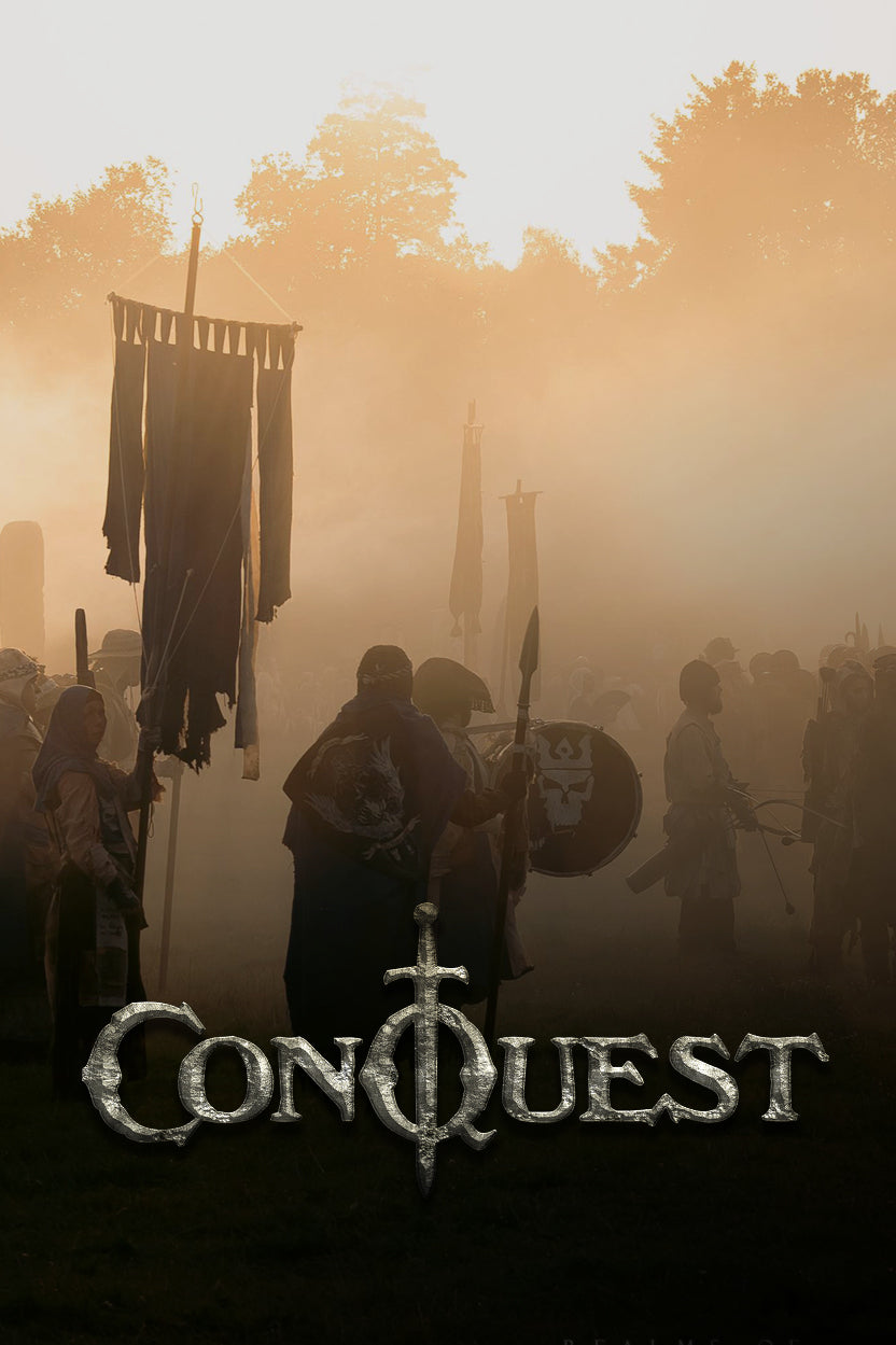 Silhouette of a warrior with a shield and banner against a misty forest background, with 'Conquest' text overlay.