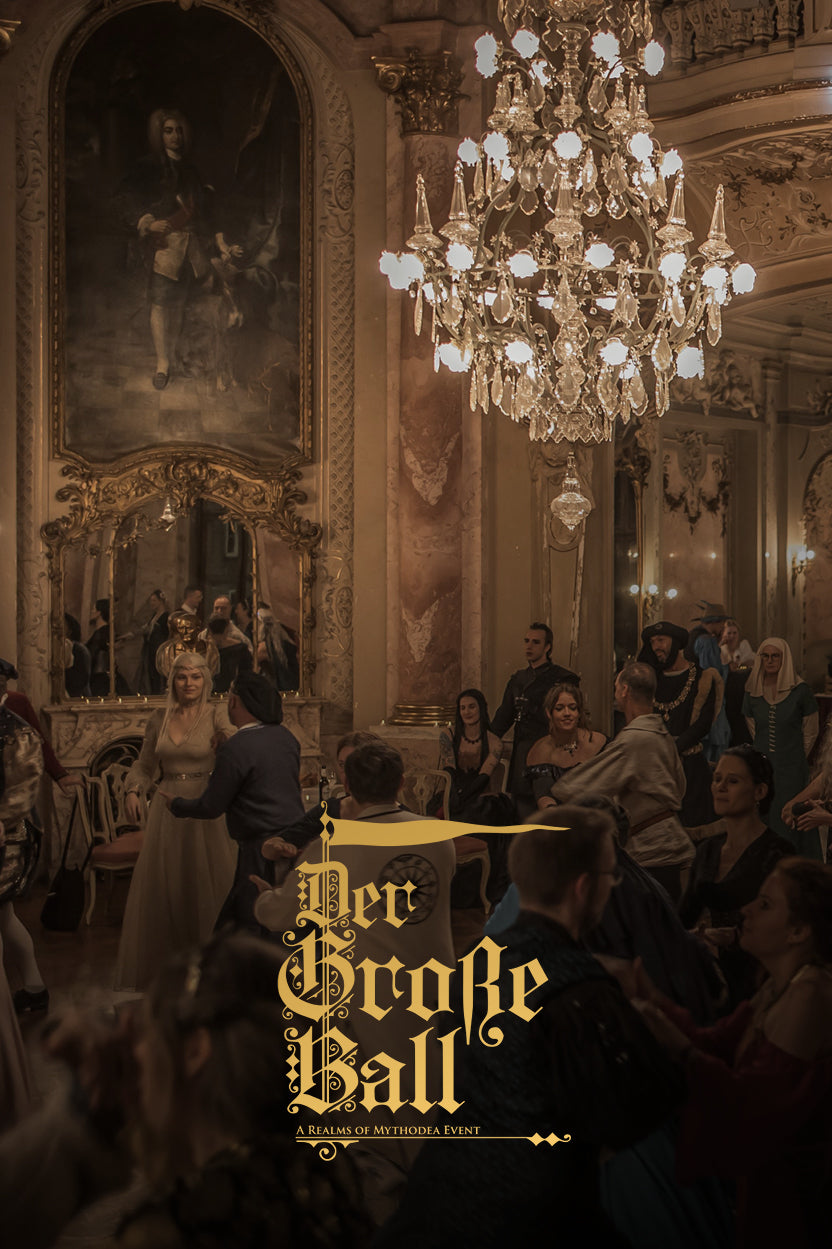 Opulent ballroom with people socializing, chandelier hanging from ceiling, and classical painting on wall. Der Große Ball Larp