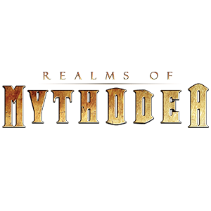 Logo for 'Realms of Mythodea' with gold and brown text on a transparent background