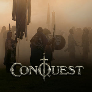 Mystical scene with silhouettes of people holding banners and weapons, with the word 'Conquest' displayed.