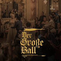 Vintage-style ballroom scene with people dancing, featuring the text 'Der Große Ball' and 'Realms of Mythodea Event'.