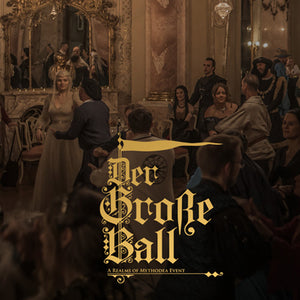 Vintage-style ballroom scene with people dancing, featuring the text 'Der Große Ball' and 'Realms of Mythodea Event'.