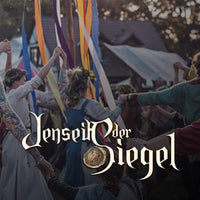 People holding colorful flags with 'Jenseits der Siegel' text overlay