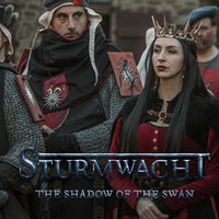Two individuals in medieval costumes with 'Sturmwacht: The Shadow of the Swan' text overlay.