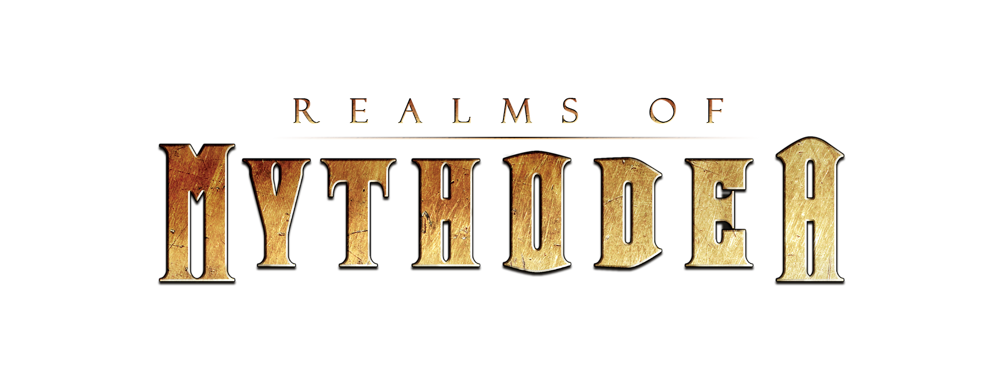 Logo for 'Realms of Mythodea' with gold text on a white background